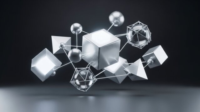 Abstract 3d rendering of interconnected metallic geometric shapes like cube sphere and polyhedron floating in dark space