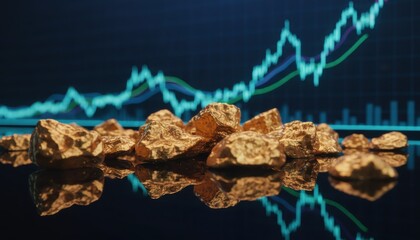 Close-up shot of gold nuggets with a stock market graph in the background, representing investment.