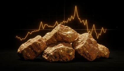 Pile of gold ore with a financial graph in the background, representing market analysis.