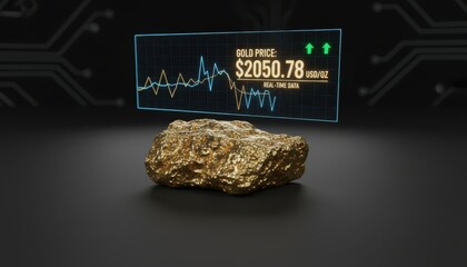 A gold nugget sits in front of a digital display showing the current price.