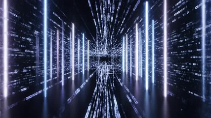 Futuristic Data Stream Tunnel A Dynamic Visualization of Binary Code and Digital Information Flowing Through a NeonLit Cyber Corridor Ideal for Technology and Innovation Concepts. - Powered by Adobe