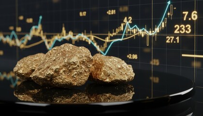 Close-up of gold nuggets with a financial chart in the background, representing investment.