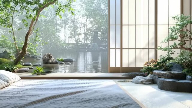 Minimalist Japanese bedroom with garden view