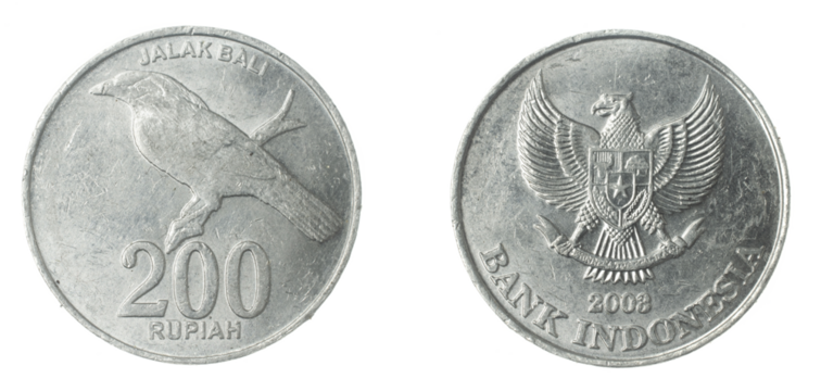 Indonesia two hundred rupiah coin on a white isolated background