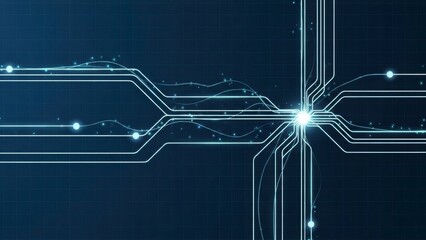 Abstract digital technology background with glowing circuit lines and data flow on a dark blue backdrop