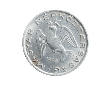 Hungary ten filler coin on white isolated background