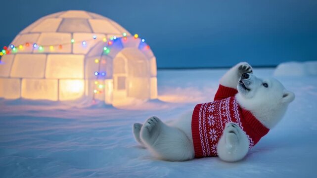 Polar bear cub in Christmas sweater rolling in snow near glowing igloo with string lights for Christmas and Happy New Year