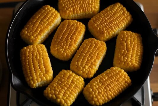 Closeup of corn on the cob pieces cooking in a cast iron skillet