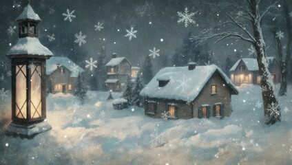 Naklejka premium A snow-covered village nestled in a winter forest, illuminated by soft lantern glow