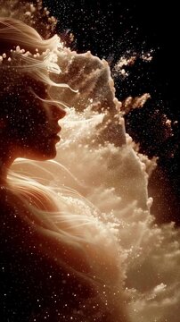 Surreal female profile surrounded by glowing cosmic dust, golden light particles, and flowing ethereal strands in a celestial dreamscape