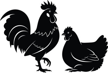 Black Silhouette Vector Illustration of a Proud Rooster Standing Beside a Sitting Hen, Farm Bird Couple Graphic, Ideal for Poultry Logos, Eggs, Food Packaging, and Agriculture Branding Design.