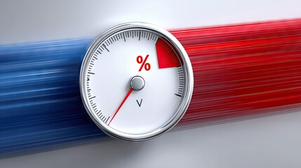A close-up shot of a gauge with a red needle indicating a percentage, set against a background of red and blue lines, suggesting speed or data flow.