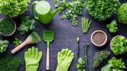 Overhead shot of gardening tools, herbs, and seeds arranged on a dark surface, showcasing a gardening theme and healthy lifestyle.