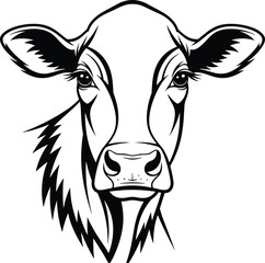 Detailed Cow Head Black and White Vector Illustration, Farm Animal Portrait, Bovine Dairy Cattle Graphic, Monochrome Stencil, Line Art Drawing, Livestock Mascot Logo.