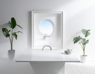 Quiet, relaxed counter frame with interior haze white