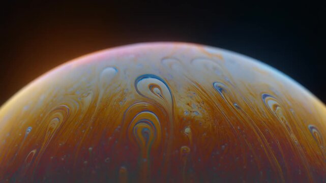 Abstract viscous petroleum bubble stretching into hyperbolic shape under dramatic warm rim lighting with blue and orange chemical contrast for industrial backgrounds.