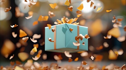 A blue gift box with a gold bow is floating in the air, surrounded by confetti against a blurred bokeh background.