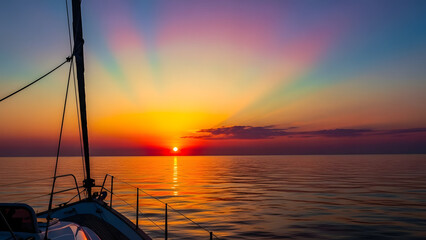 Breathtaking sunset cruise on the ocean, calm waters reflecting the vibrant sky, perfect for travel inspiration or serene vacation visuals, adventure awaits