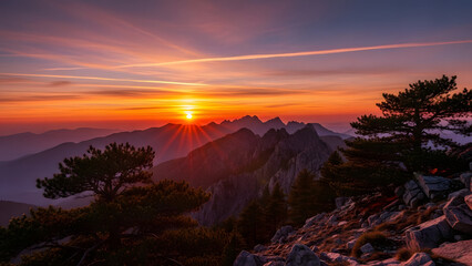 Stunning sunrise over dramatic mountain peaks with radiant light, perfect for travel inspiration, adventure themes, or landscape calendars during golden hour