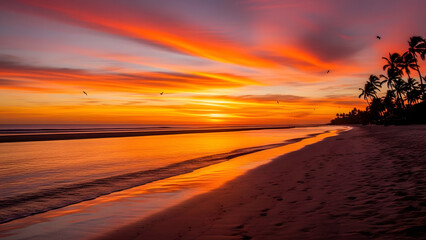 Experience tranquility with this stunning tropical beach sunset, golden light reflecting on the calm ocean waters near palm trees for your project today!
