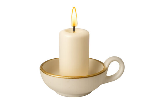Burning paraffin wax candle in a white ceramic candlestick