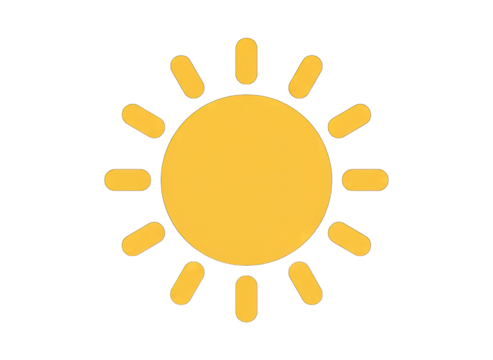 A stylized golden sun with radiating orange rays depicted on a transparent black background representing a bright sunny day a simple graphic icon for weather and energy