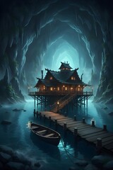 A stunning cave house retreat built above glowing turquoise water, illuminated by warm ambient lights that reflect off the rocky cavern walls.