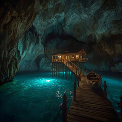 A stunning cave house retreat built above glowing turquoise water, illuminated by warm ambient lights that reflect off the rocky cavern walls.