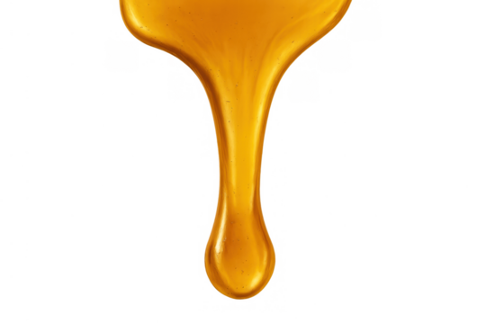 Golden honey dripping down, creating a viscous liquid stream and a sweet drop, transparent background