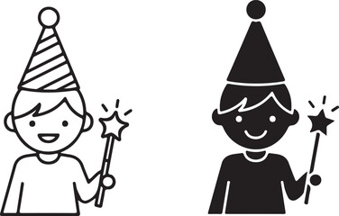 Smiling young boy in a striped party hat holding a sparkling star-tipped magic wand, ready for birthday celebrations, holidays, and festive events isolated on white background, Vector