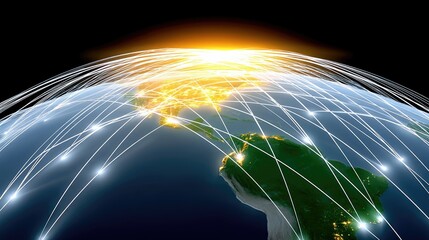 A digital illustration of planet Earth with bright lights and network connections, representing global communication and technology.