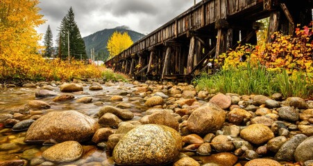 Autumn River Landscape with Railroad Bridge.