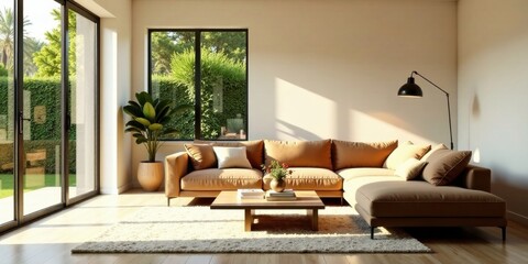 Modern Sectional Sofa in Sunlit Living Room with Floor-to-Ceiling Windows and Lush Greenery