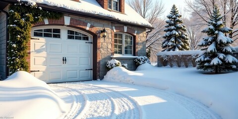 Winter Wonderland Driveway Scene  A pristine white garage door framed by snow-laden evergreens and a sunlit stone house, showing tire tracks in the fresh snow.