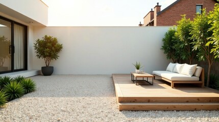 Modern Minimalist Backyard Oasis Featuring a Wooden Deck and Comfortable Patio Furniture