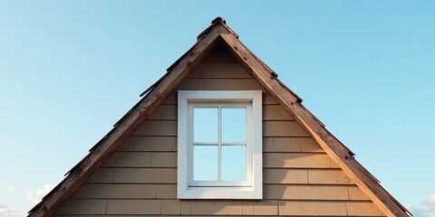 A Gable Roof's Single Pane Window Reflecting a Serene Sky