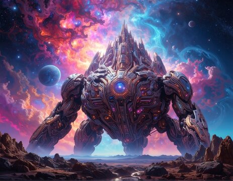 Metallic titan rises before a nebula in fantastical astral scene