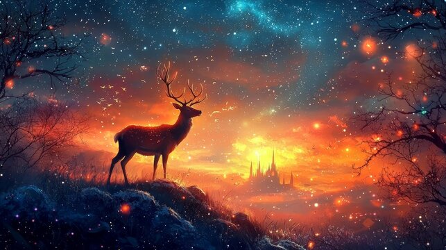 A stunning fantasy landscape featuring a solitary deer.