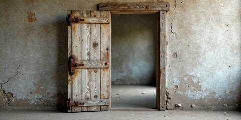 A weathered wooden door ajar, revealing a dilapidated interior space, hinting at forgotten stories and the passage of time.