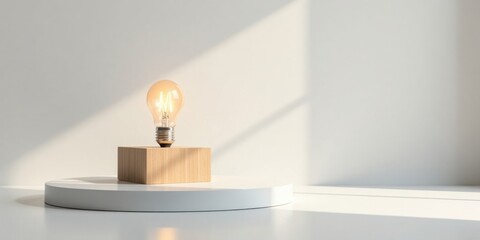 Illuminated Ideas A Glowing Light Bulb on a Minimalist Wooden Block and White Circular Platform, Bathed in Soft Sunlight