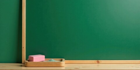 A pink eraser and chalk dust rest on a wooden tray in front of a blank green chalkboard, ready for learning and creativity.