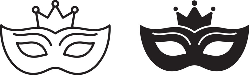 Carnival masquerade mask with royal crown icon set, elegant party costume accessory, outline and silhouette versions for festive events isolated on white background, Vector