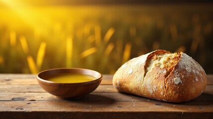 Rustic Wooden Table Setting with Golden Hour Light Featuring Freshly Baked Bread and a Bowl of Oil