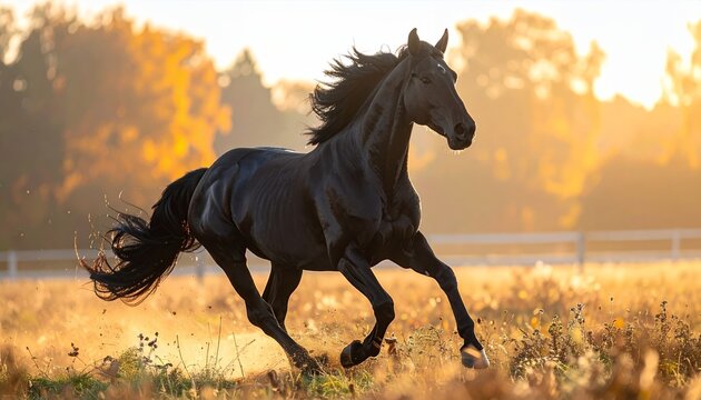 Majestic black horse galloping freely in a sunlit autumn field, showcasing power and grace. - Powered by Adobe