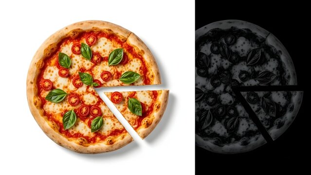 Food: Delicious Margherita Pizza with One Slice Removed Showing Light and Dark Contrast