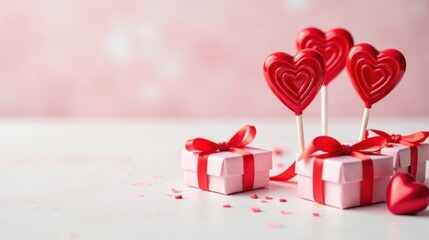 Romantic Valentine's Day Treats Pink Presents and Heart-Shaped Lollipops on a Soft Pink Background
