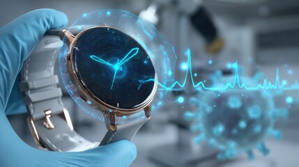 Smartwatch with Health Monitoring Features Against Medical Background and Digital Health Symbols