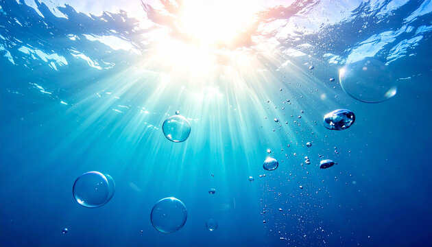 Deep blue ocean underwater background perfectly seamless waves with shining light rays and micro
