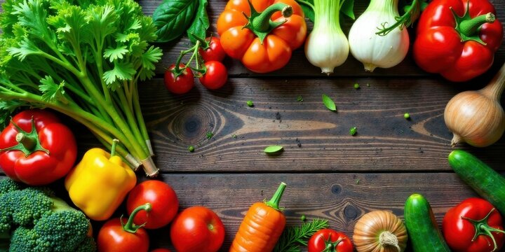 A Bountiful Harvest of Vibrant Vegetables Arranged on a Rustic Wooden Surface, Featuring a Colorful Array of Fresh Produce Including Peppers, Tomatoes, and Herbs
