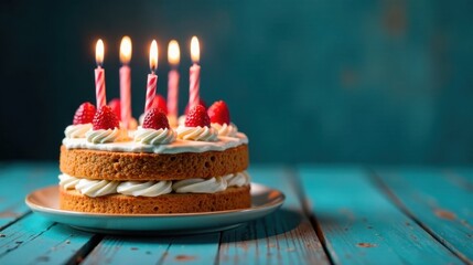 A delightful two-layered cake, adorned with fresh raspberries and topped with flickering candles, rests on a rustic wooden table.